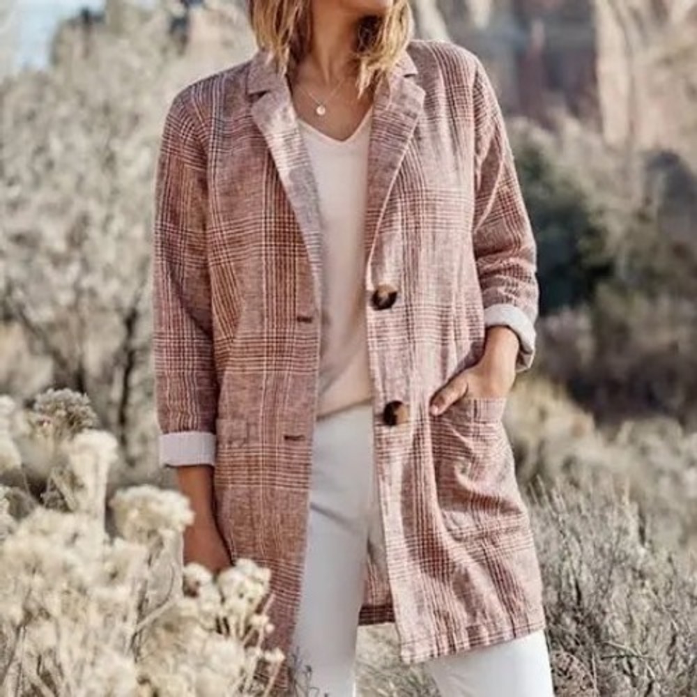 J Jill Harper Blazer Women Medium Brown Plaid Linen Blend Relaxed Boyfriend
